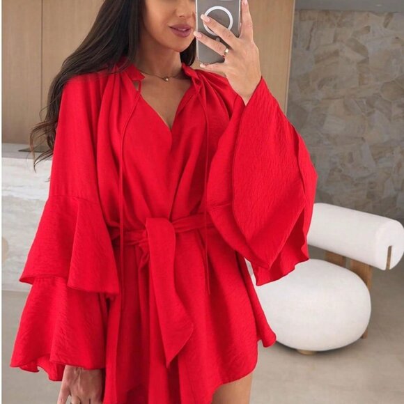 Red Glam Women's V-Neck Asymmetrical Tie-Up Long Sleeve Loose Mini Dress - Picture 2 of 8